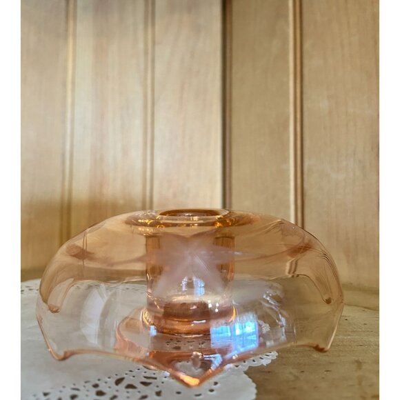 Vintage Pink Depression Elegant Glass Candle Holder Etched Floral Design - Picture 6 of 7